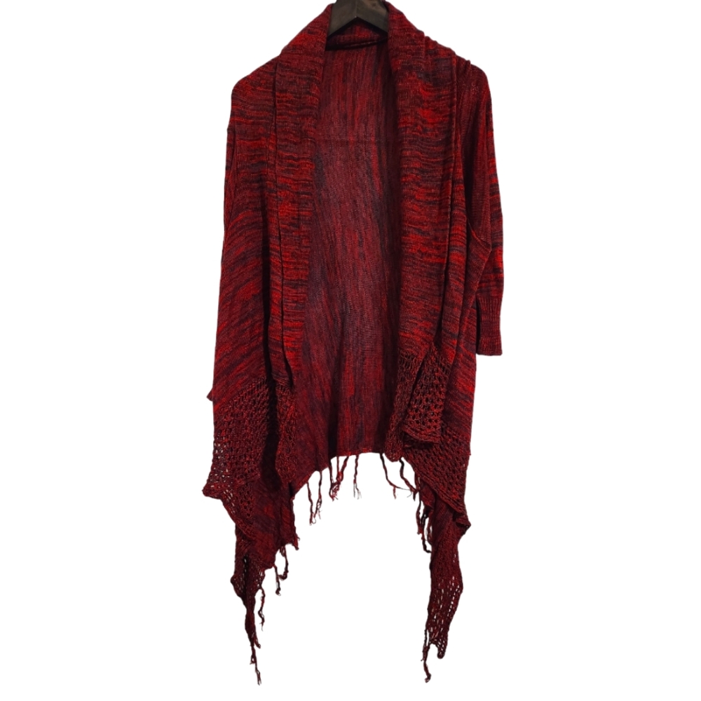 Relativity Red and Black Knit Crochet Cardigan Fringe Women's L